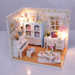 đồ chơi ngôi nhà búp bê mô hình lắp gáp gỗ phòng ngủ của có đèn tăng kèm kiếng chống bụi giá sỉ