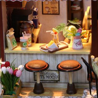 Đồ Chơi Mô Hình Lắp Ráp Gỗ Vật Dụng Trang Trí Quán Café Thư Giãn Mini C006 Có Đèn