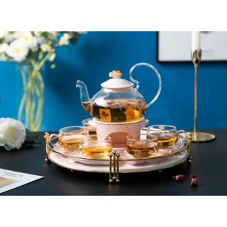 Bộ ấm chén pha trà hoa cúc ấm bằng thủy tinh chịu nhiệt kèm khay hình tròn