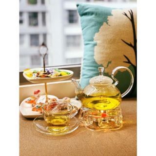 Bộ tách trà thủy tinh 600ml kèm đế nến, 6 ly và 6 đĩa