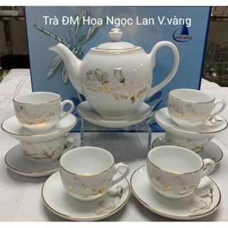 Bộ trà sứ viền vàng đậm, Bộ ấm chén sứ viền vàng 24K