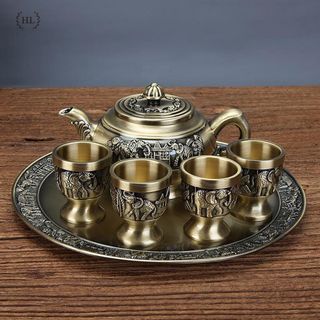 Bộ ấm trà đồng 4 ly - 6 ly | Bộ ấm trà ban thờ phật - thần tài cao cấp hoa văn họa tiết voi Thái phú quý đại cát giá sỉ