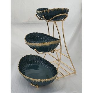 ĐĨA 3 TẦNG SỨ TRẮNG XANH VIỀN VÀNG VÂN SỌC KÈM KỆ INOX CAO CẤP