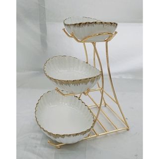ĐĨA 3 TẦNG SỨ TRẮNG XANH VIỀN VÀNG VÂN SỌC KÈM KỆ INOX CAO CẤP