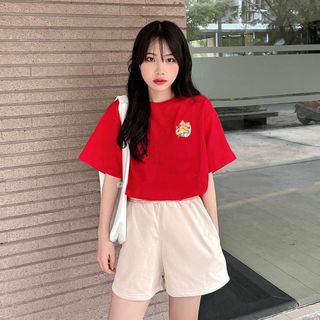 Áo phông nữ form rộng hàng thiết kế cao cấp thêu chú hổ xinh xắn màu đỏ tôn da chất vải cotton siêu đẹp freesize mã bán chạy