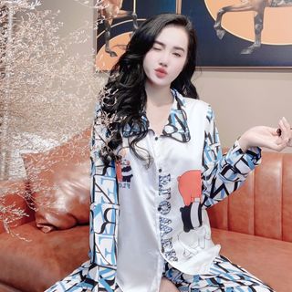 Đồ bộ nữ mặc nhà pijama Satin in gấu xám Dài dài