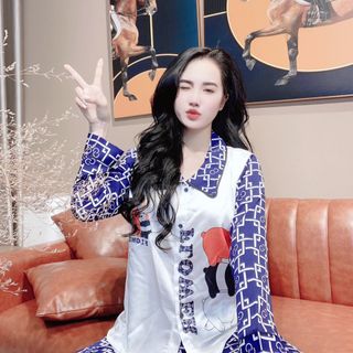 Đồ bộ nữ mặc nhà pijama Satin in gấu xám Dài dài
