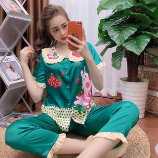 Đồ bộ nữ mặc nhà pijama Satin in thỏ dâu Dài cộc