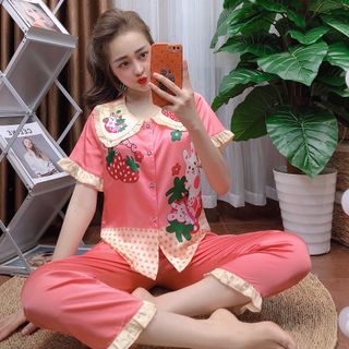 Đồ bộ nữ mặc nhà pijama Satin in thỏ dâu Dài cộc