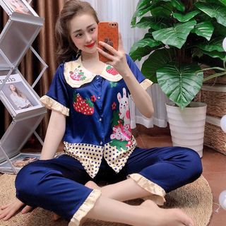 Đồ bộ nữ mặc nhà pijama Satin in thỏ dâu Dài cộc