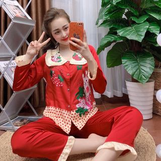 Đồ bộ nữ mặc nhà pijama Satin in thỏ dâu Dài dài