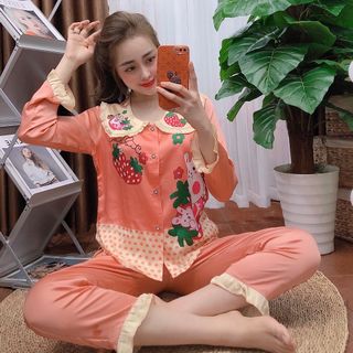 Đồ bộ nữ mặc nhà pijama Satin in thỏ dâu Dài dài