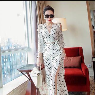 SET ÁO HỞ VAI QN XẺ TÀ CHẤM BI- HUYỀN XMĐT