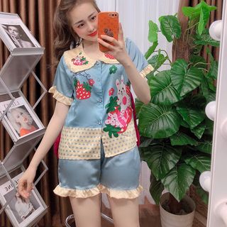 Đồ bộ nữ mặc nhà pijama Satin in thỏ dâu Đùi