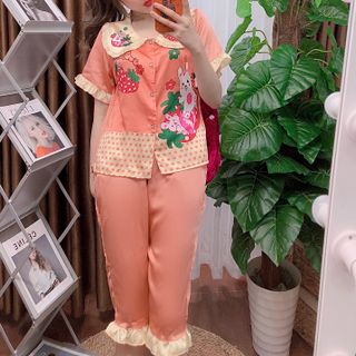 Đồ bộ nữ mặc nhà pijama satin in thỏ dâu Lửng