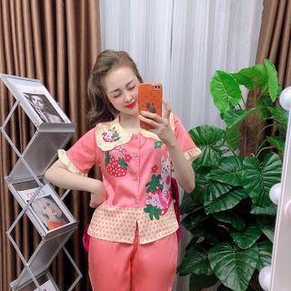 Đồ bộ nữ mặc nhà pijama satin in thỏ dâu Lửng