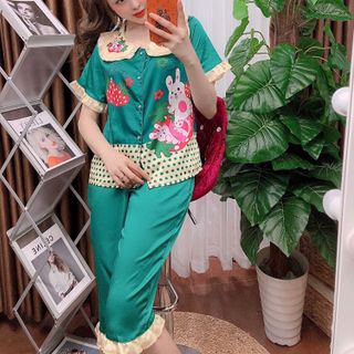 Đồ bộ nữ mặc nhà pijama satin in thỏ dâu Lửng