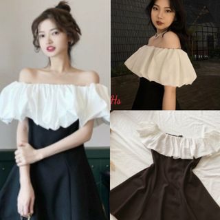 Đầm Nữ Trễ Vai Phối Màu Váy Nữ Chất Đũi Dáng Ngắn
