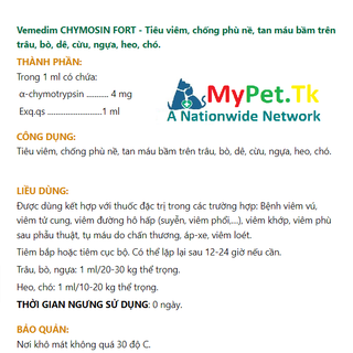 Vemedim CHYMOSIN FORT - Tiêu viêm, chống phù nề, tan máu bầm trên trâu, bò, dê, cừu, ngựa, heo, chó.