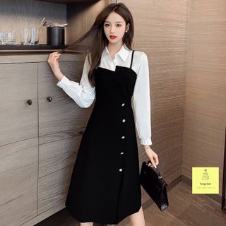 Váy phối đen trắng cổ sơ mi phong cách Hàn Quốc