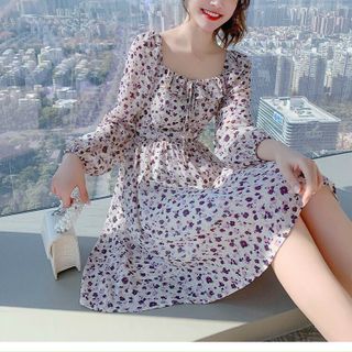 đầm bông lụa xòe nhẹ fom ngắn cổ vuông dài tay