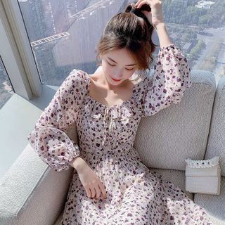 đầm bông lụa xòe nhẹ fom ngắn cổ vuông dài tay