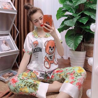 Đồ bộ nữ mặc nhà pijama Satin - mango gấu dài cộc