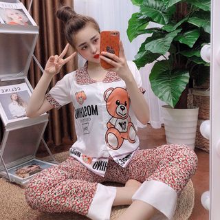 Đồ bộ nữ mặc nhà pijama Satin - mango gấu dài cộc