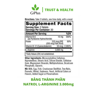 Viên Uống Cải Thiện Sức Khỏe Sinh Lý Nam Giới Natrol L-Arginine 3.000mg (90 Viên/Lọ)