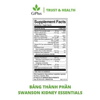 Viên Uống Bổ Thận, Hỗ Trợ Hệ Tiết Niệu Khỏe Mạnh Swanson Kidney Essentials (60 Viên/Lọ)