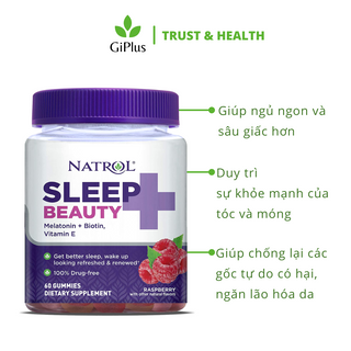 Kẹo Dẻo Hỗ Trợ Giấc Ngủ, Đẹp Da, Dài Tóc Natrol Sleep + Beauty Gummy Raspberry (60 Viên/lọ)