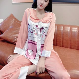 Đồ bộ nữ mặc nhà pijama Satin in 5d gấu trúc Dài dài
