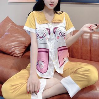 Đồ bộ nữ mặc nhà pijama Satin in 5d gấu trúcDài cộc
