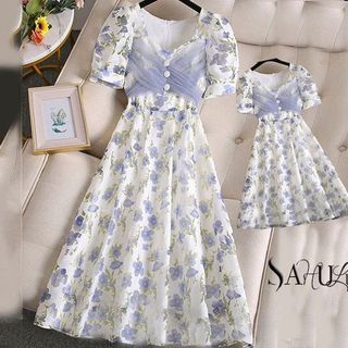[Hình thật] set đôi mẹ bé mẫu đầm hoa nhí tím phối ren nhẹ nhàng dịu dàng [sahulu]