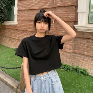 Áo croptop nữ trơn tay ngắn cổ tròn vải thun cotton kiểu hàn quốc CRT01 Miucho basic