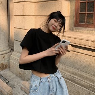 Áo croptop nữ trơn tay ngắn cổ tròn vải thun cotton kiểu hàn quốc CRT01 Miucho basic