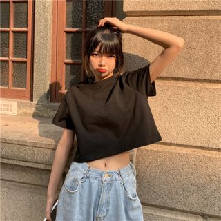 Áo croptop nữ trơn tay ngắn cổ tròn vải thun cotton kiểu hàn quốc CRT01 Miucho basic