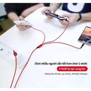 Cáp Sạc 3 Đầu - Dây Sạc Đầu 3 iphone/Type C/Lightning -Đa Năng - Chất Liệu Vải Dù Chắc Chắn, Đầu Chống Gãy Gập -Siêu Bền