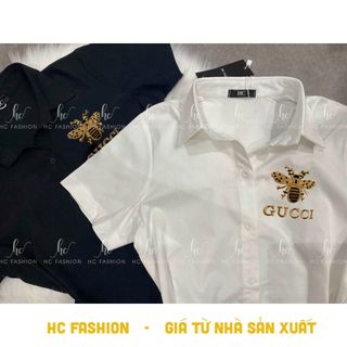 ￼Áo sơ mi nữ thêu con ong GC, áo sơ mi nữ tay ngắn mềm mịn cao cấp HC FASHION