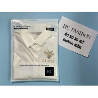 Áo sơ mi nữ thêu con ong GC, áo sơ mi nữ tay ngắn mềm mịn cao cấp HC FASHION