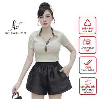 ￼Áo nữ 2022, áo thun nữ cổ bẻ phối cúc, áo croptop kiểu ôm body có cổ đẹp hot hiện nay freesize 40-55kg HC FASHION giá sỉ