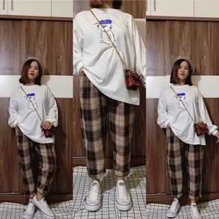 Quần caro ống rộng,chất kate mềm,form dưới 70kg