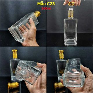 Chai Thủy Tinh Đựng Rượu 500ML cao cấp hình hộp nắp nhựa vàng ánh kim – Chai Đựng Rượu Thủy Tinh siêu trong (C23)