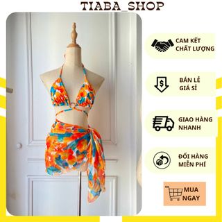 Đồ bơi, bikini sexy liền mảnh, set rời, hoa cam in, hàng cao cấp, kèm khăn