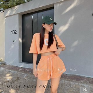Đồ bộ nữ in chữ C mặc nhà, chất thun cotton co giản, thoáng mát, freesize dưới 65kg