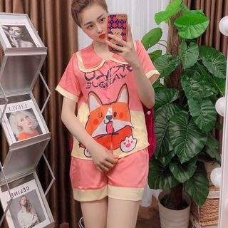 Đồ bộ nữ mặc nhà pijama Satin in chó shiba chữ Đùi
