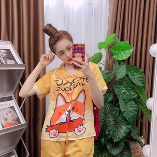Đồ bộ nữ mặc nhà pijama Satin in chó shiba chữ Đùi