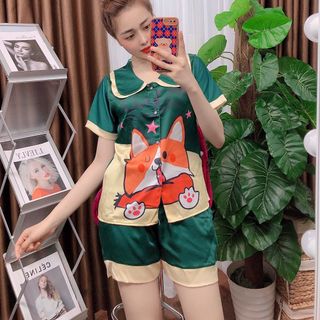 Đồ bộ nữ mặc nhà pijama Satin in chó shiba chữ Đùi