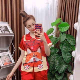 Đồ bộ nữ mặc nhà pijama Satin in chó shiba chữ Đùi