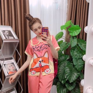Đồ bộ nữ mặc nhà pijama Satin in chó shiba chữ Lửng